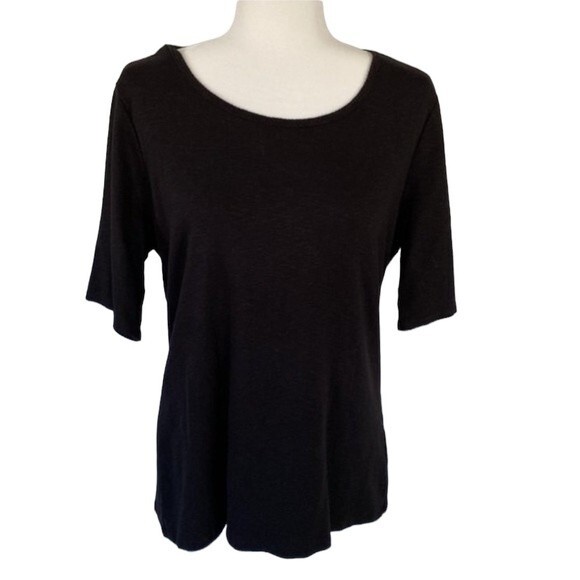 TIME and TRU Short Sleeve Scoop Neck Top Scallop Detail Stretchy Knit Neutral - Picture 2 of 14